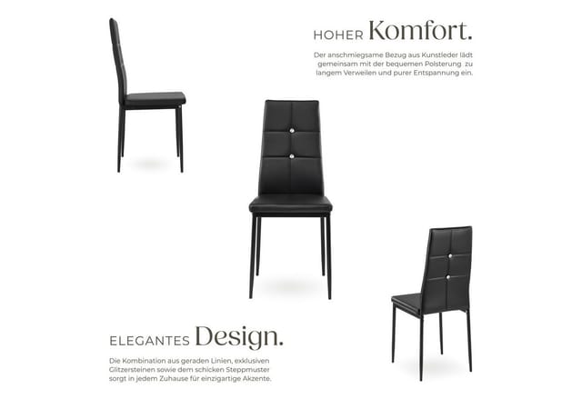 Tectake Set Esszimmerstuhl Julien Gepolstert Mit Kunstlederbezug Hohe Rückenlehne Mit Glitzersteinen 6Er Set 40 x 42 x 97 cm Schwarz