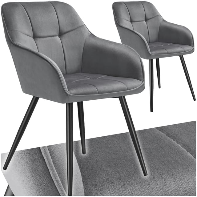 Tectake Esszimmerstuhl Marilyn Gepolstert In Samtoptik Gesteppt Durchgehende Lehne 2Er Set 62 x 58 x 82 cm Grau Schwarz