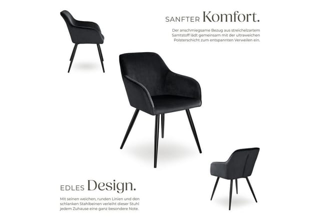 Tectake Esszimmerstuhl Marilyn Gepolstert In Samtoptik Durchgehende Lehne 4Er Set 62 x 58 x 82 cm Schwarz