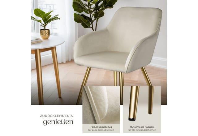 Tectake Esszimmerstuhl Marilyn Gepolstert In Samtoptik Durchgehende Lehne 2Er Set 62 x 58 x 82 cm Creme Gold