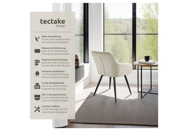 Tectake Esszimmerstuhl Marilyn Gepolstert In Samtoptik Durchgehende Lehne 4Er Set 62 x 58 x 82 cm Creme Schwarz