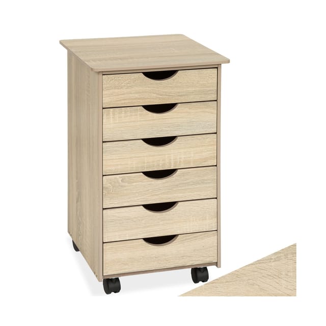Tectake Rollcontainer Aus Holz Mit 6 Schubladen 36 x 40 x 65 cm Holz Hell Eiche Sonoma