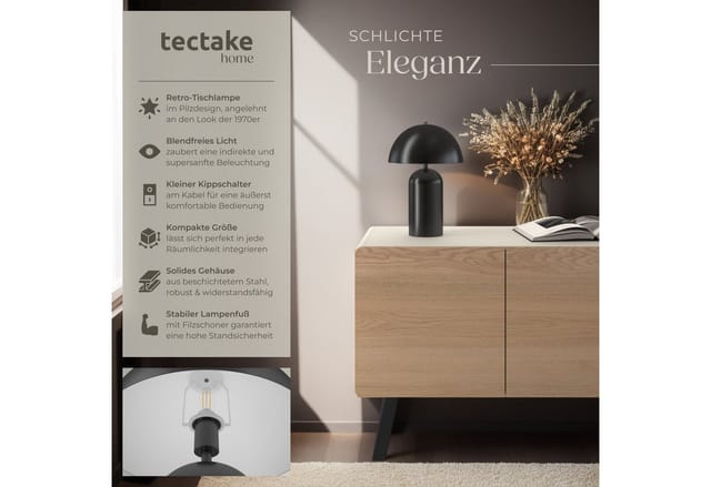 Tectake Retro Tischlampe Altea Pilzdesign Im 70Er Jahre Stil Indirektes Licht Beschichteter Stahl 40 W 25 x 25 x 37 cm Schwarz