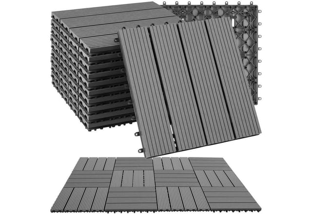 Tectake Terrassenfliesen Tegulas 11Er Set Im Klicksystem Robustes Wpc In Holzoptik 11Er Set 31 x 31 x 2 20 cm Grau