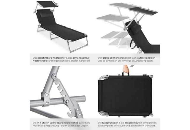 Tectake 2Er Set Gartenliege Chloé Klappbar Stufenlos Verstellbares Sonnendach 190 x 68 x 65 cm Schwarz