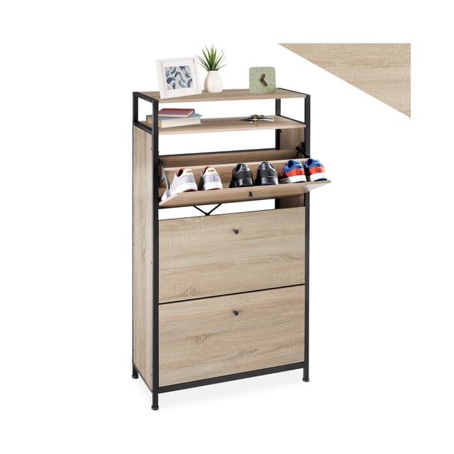 Tectake Schuhschrank Braddock Industrial Style Holz und Stahl 61 x 32 x 130 cm Industrial Holz Hell Eiche Sonoma