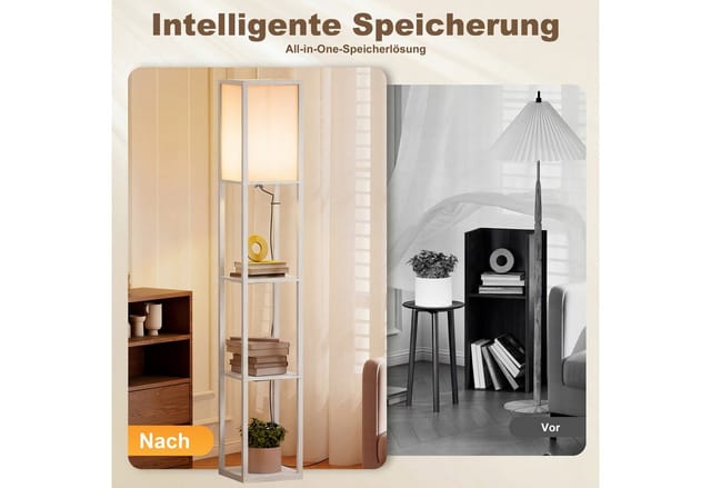 HOMCOM Stehleuchte mit Regalen E27 Holz Weiß 26 x 26 x 160 cm Ohne Glühbirne