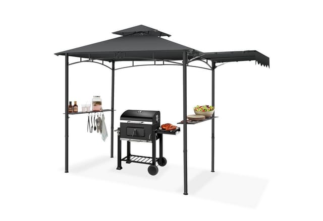 tectake® Grillpavillon, wetterfest mit UV-Schutz, klappbare Markise, seitliche Gitterablagen und 6 Haken, 316 x 150 x 250 cm