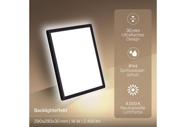 B.K.Licht LED Panel SHALLOW, LED fest integriert, Neutralweiß, 29x29x3 cm, Badlampe, Badezimmer, Küche, Wohnzimmer
