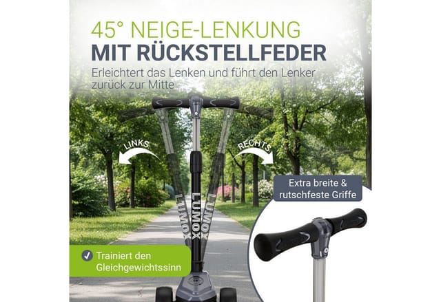 JUSKYS® Kinderroller Lumox Schwarz - LED-Rollen mit 4-Farb-Blinkeinstellung, höhenverstellbarer Kinderscooter, klappbar & Hinterradbremse, Dreiradscooter
