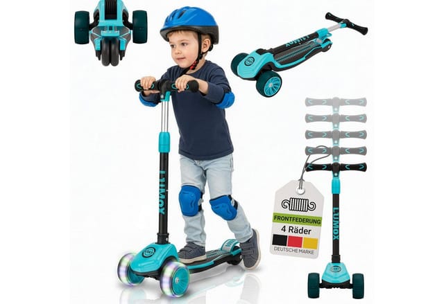 JUSKYS® Kinderroller Lumox Blau - LED-Rollen mit 4-Farb-Blinkeinstellung, höhenverstellbarer Kinderscooter, klappbar & Hinterradbremse, Dreiradscooter