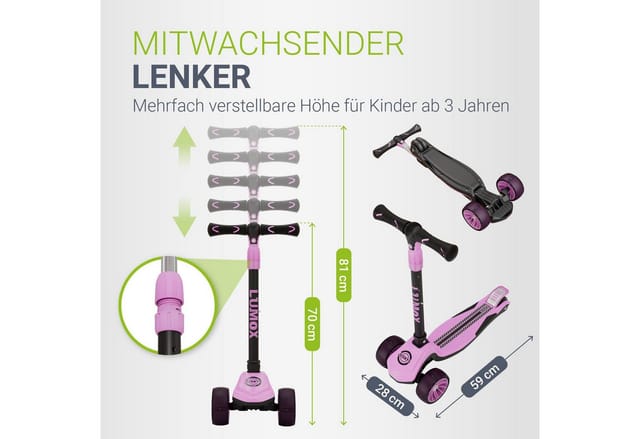 JUSKYS® Kinderroller Lumox Rosa - LED-Rollen mit 4-Farb-Blinkeinstellung, höhenverstellbarer Kinderscooter, klappbar & Hinterradbremse, Dreiradscooter