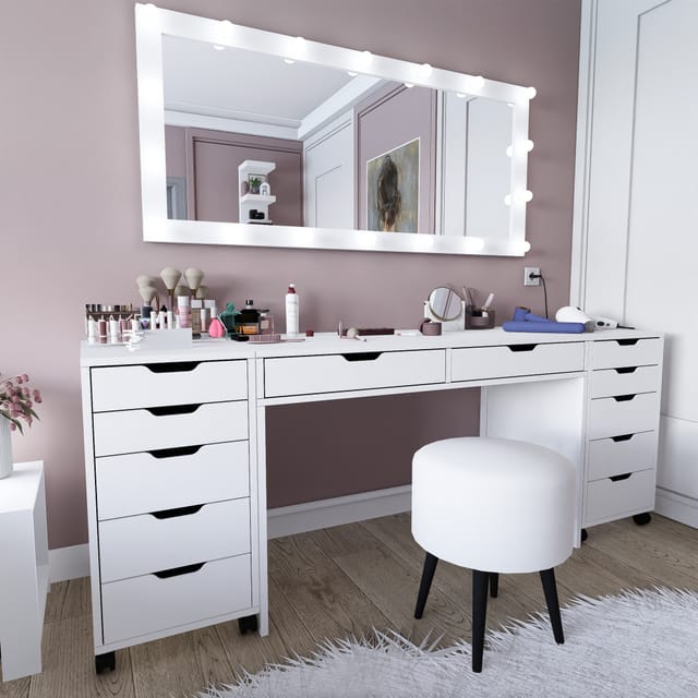 Lagunentoilette, Schminktisch Mit Spiegel, 12 Schubladen, Beleuchtung, 200x55x77h Cm, Weiß