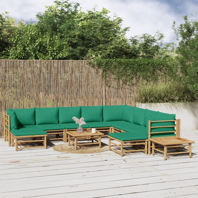 12-tlg. Garten-lounge-set Mit Grünen Kissen Bambus