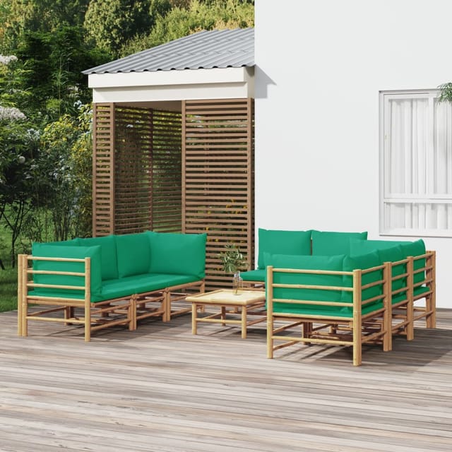 9-tlg. Garten-lounge-set Mit Grünen Kissen Bambus