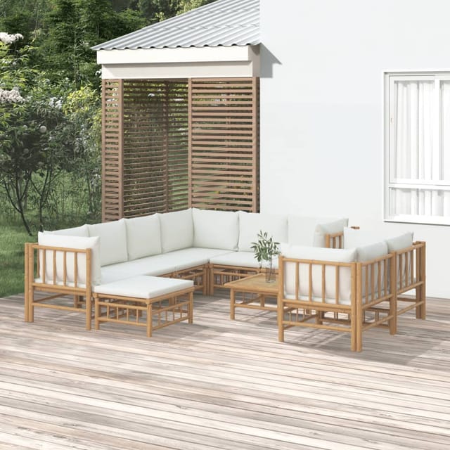 10-tlg. Garten-lounge-set Mit Cremeweißen Kissen Bambus