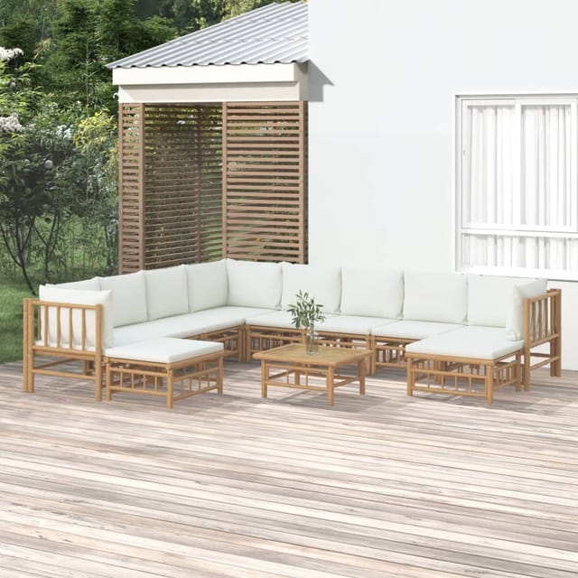 11-tlg. Garten-lounge-set Mit Cremeweißen Kissen Bambus