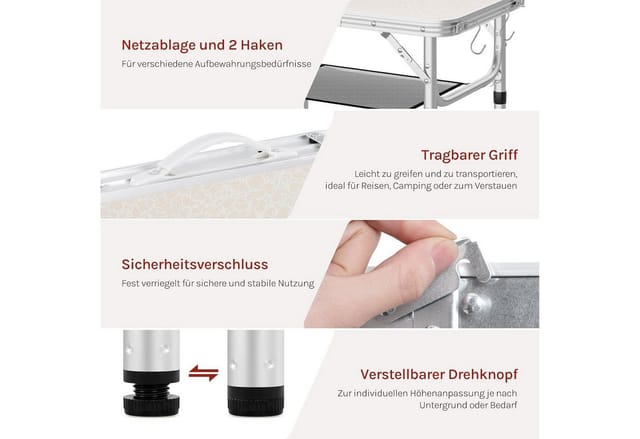 Woltu Campingtisch Faltbar Picknicktisch Höhenverstellbar 25/36/50/60 Cm, Klapptisch Mit Aufbewahrungsnetz Haken, Für Picknick Grill Garten, Weiß
