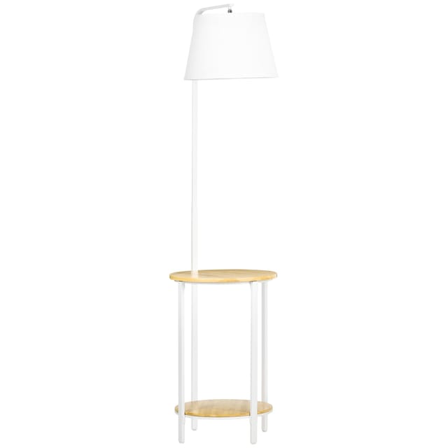 Stehleuchte, Standlampe Mit 2 Ablagen, 40 W Stehlampe Mit Lampenschirm Aus Leinen, Standleuchte, Metall Weiß, Höhe 162 Cm, Exkl. Glühbirne