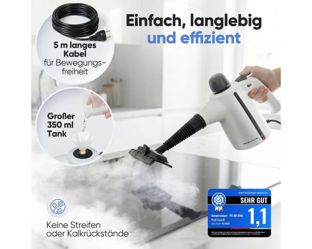 PROFICARE Dampfreiniger PC-DR 3145, Inkl. 9-teiligem Zubehör, 3,7 bar max.