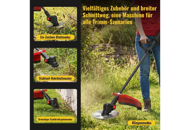 CONENTOOL Akku-Rasentrimmer 21V Bürstenlos Rasentrimmer 1200W, 2×4,0Ah Akkus, 25.5 cm Arbeitsbreite Messer, 23 cm Arbeitsbreite Faden, 90° drehbarer Kopf, Stützräder, Multifunktions-Set