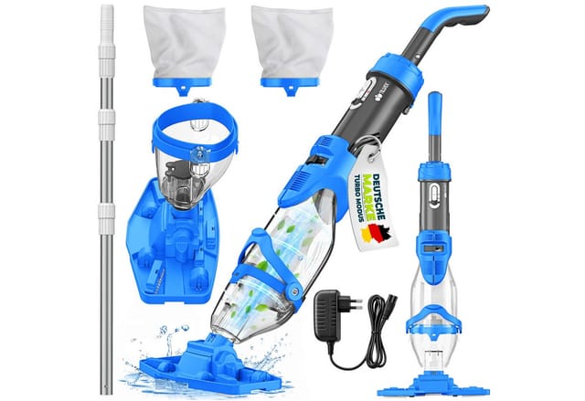 Poolsauger Blau/grau Mit Akku & Teleskopstange + Ersatzfilter Bis Zu 15 M³ Pool Bodensauger Elektrisch Poolreiniger Mit Filter & 60 Min Laufzeit Handsauger Reinigungsset Kabellos - Tillvex