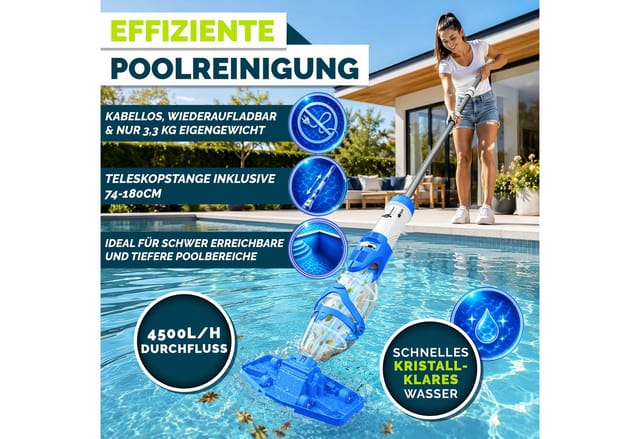 Poolsauger Blau/weiß Mit Akku & Teleskopstange + Ersatzfilter Bis Zu 15 M³ Pool Bodensauger Elektrisch Poolreiniger Mit Filter & 60 Min Laufzeit Handsauger Reinigungsset Kabellos - Tillvex