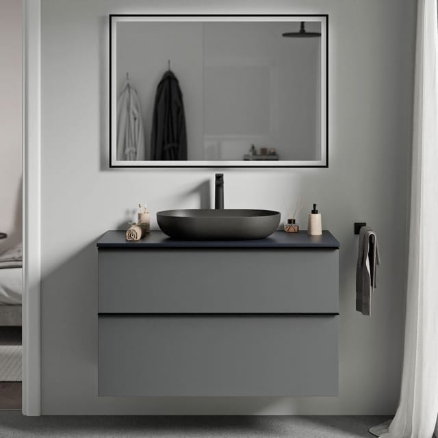 Badmöbel Unterschrank Bernstein Lavoa 80cm Badmöbel: Anthrazit Matt, Waschtischplatte: Mitternachtsblau Matt, Metallgriff: Anthrazit Matt