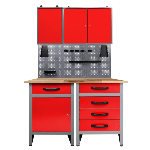 Ondis24 Werkstatt Set Entdecker 120 cm 2 Schränke LED Rot Werkstatteinrichtung Werkbank