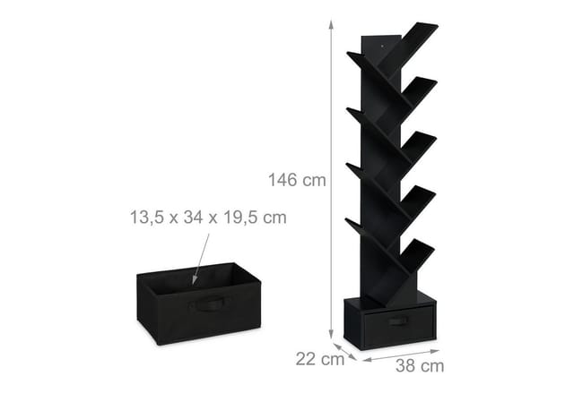 Relaxdays Bücherregal Baumform Spanplatte Schwarz Mit Schublade 146 cm x 38 cm x 22 cm 11 kg
