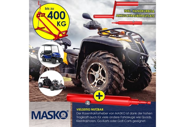 MASKO Rasentraktor Heber 450kg Hebevorrichtung für Aufsitzmäher mit Adapter inkl. Bürste, Rasentraktorheber, universelle Reinigungshilfe, Hebebühne für Quad
