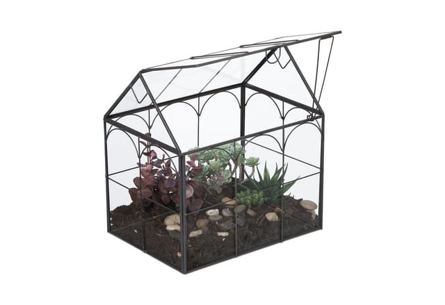 Relaxdays Pflanzenterrarium Glas Schwarz Hausform 25 cm x 24 cm x 18 cm 1,7 kg
