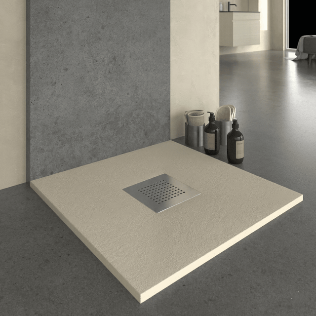 Stano Mineralguss Duschwanne Extra Flach Slate Beige Ablaufschutz Chrom 70x80cm