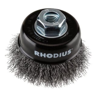 Rhodius Stahl-Topfbürste STBW mit gewelltem Stahldraht für den Einsatz auf Winkelschleifern, 75 x 23 x M14 mm