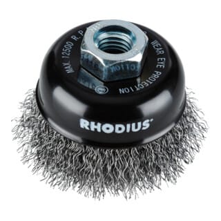 Rhodius Stahl-Topfbürste STBW mit gewelltem Stahldraht für den Einsatz auf Winkelschleifern, 100 x 30 x M14 mm