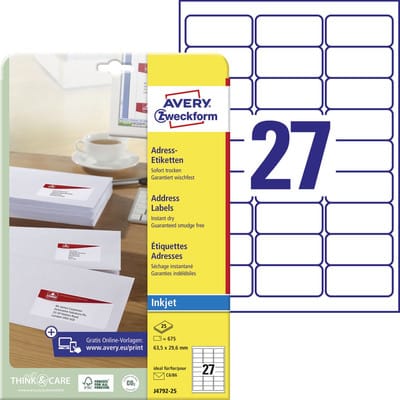 J4792-25 Adress-Etiketten, A4, 63,5 x 29,6 mm, 25 Bogen/675 Etiketten, weiß