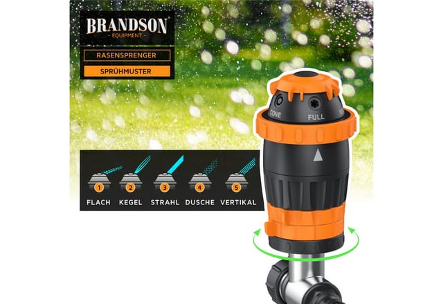 Brandson Kreisregner 5-fach Rasensprinkler mit Erdspieß, 360° Flächenregner, Sprühregner, für Flächen bis 150 m², 14 cm lang, (1-St), 5 Sprühmuster, Rasensprenger mit Edelstahl-Erdspieß, 12 m Reichweite