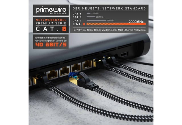 Primewire LAN-Kabel, CAT.8, RJ-45 (Ethernet) (1000 cm), Patchkabel flach CAT 8, Baumwollmantel, Flachband Netzwerkkabel - 10m
