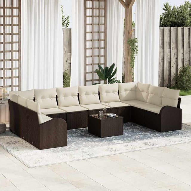 Gartensofa-set Mit Kissen 11 Pcs Braun Und Creme Poly-rattan