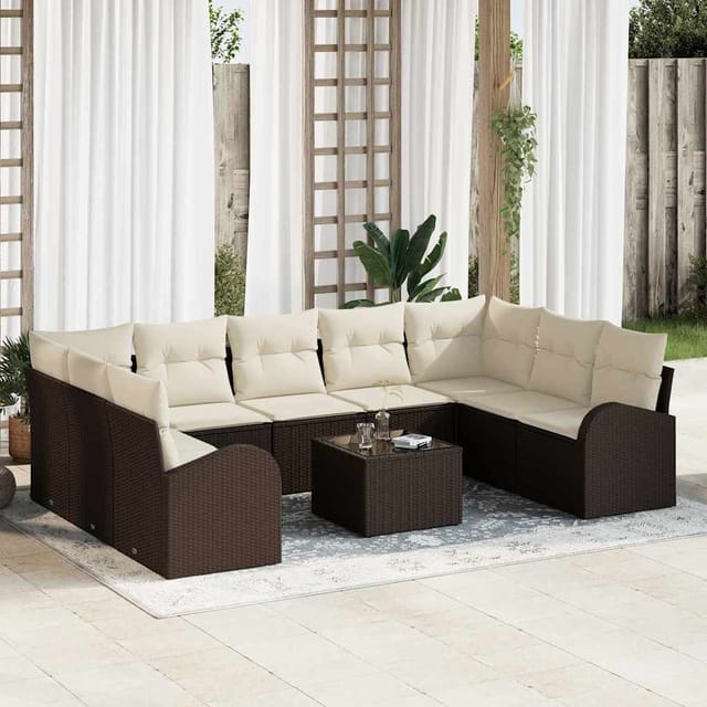Gartensofa-set Mit Kissen 10 Pcs Braun Und Weiß Poly-rattan