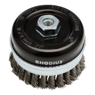 Rhodius Stahl-Topfbürste STBZ mit gezopftem Stahldraht für den Einsatz auf Winkelschleifern, 80 x 20 x M14 mm