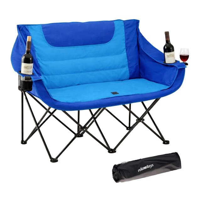 Relaxdays Camping Bank, Faltbar, Tragetasche, Getränkehalter, 272 Kg, Doppel Campingstuhl, Polyester & Metall, Blau