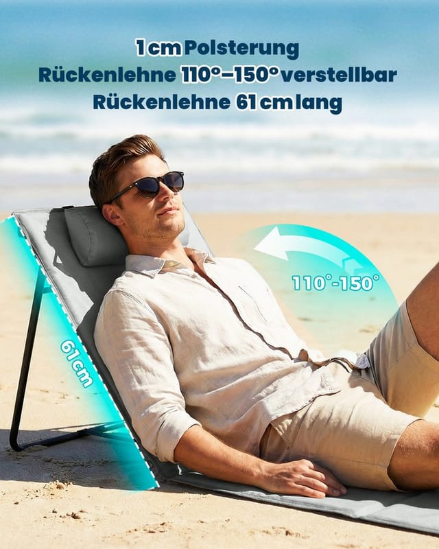 Homecall Gartenliege Strandmatte Mit Rückenlehnee Liegestuhl Strandliege Klappbar Leicht,extra Langer Rücken 61 Cm, 2 St., Tragbar Als Rucksack Für Strand, Camping & Garten (grau)