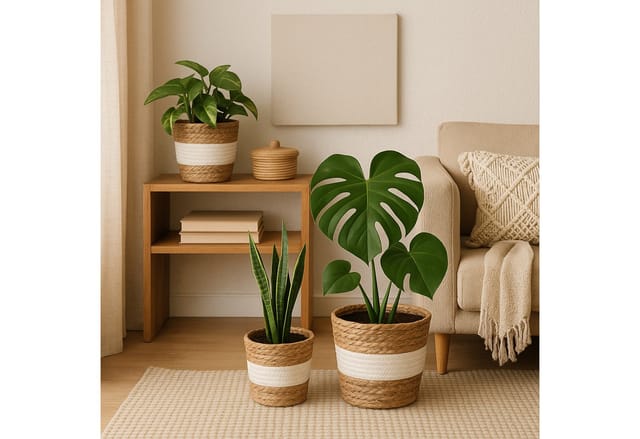 Relaxdays Blumentöpfe Schilf Kunststoff Weiß Braun 3er Set Folienausgekleidet 23 cm x ø 25,5 cm 19,5 cm x ø 21,5 cm 16 cm x ø 19,5 cm
