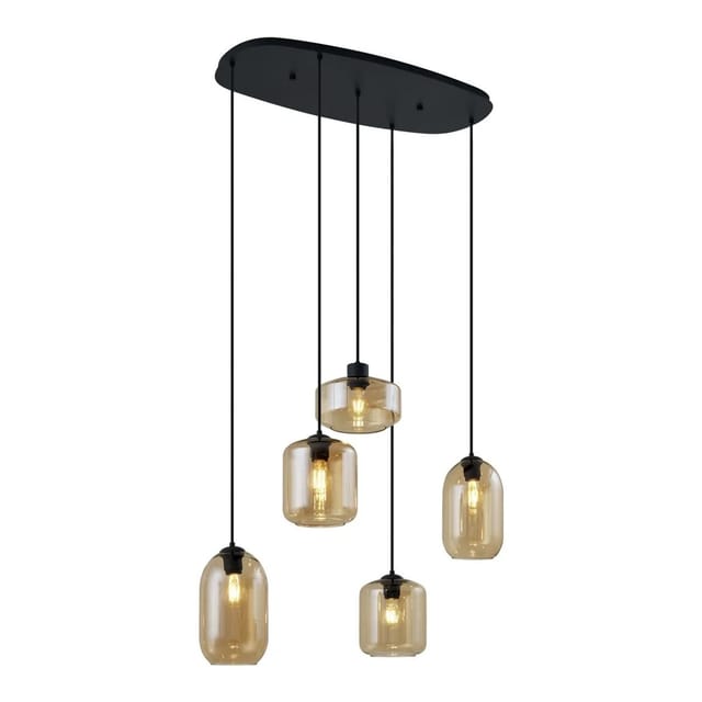 QAZQA Moderne Hängelampe Schwarz mit Bernsteinfarbenem Glas 5 Flammig Sheena