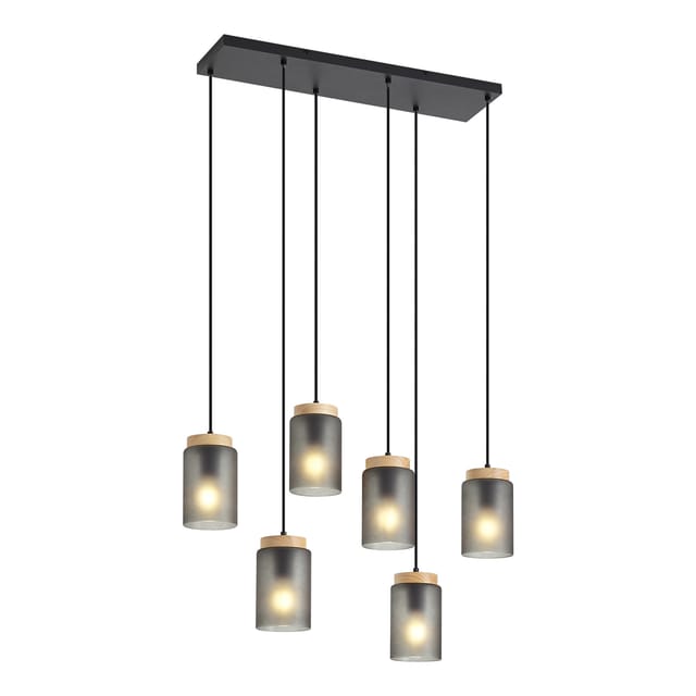 QAZQA Moderne Hängelampe Schwarz mit Holz und MattGrauem Glas 6 Flammig Umbra