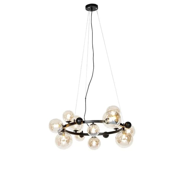 QAZQA Art Deco Hängelampe Schwarz mit Bernsteinfarbenem Glas 12 Lichter David