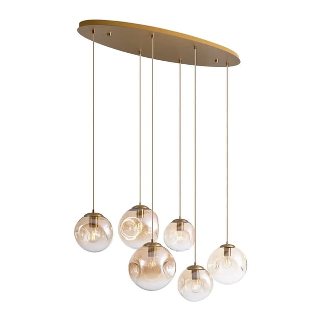 QAZQA Art Deco Hängelampe Messing mit Ovaler Deckenplatte und Bernsteinfarbenem Glas 6 Flammig Douglass