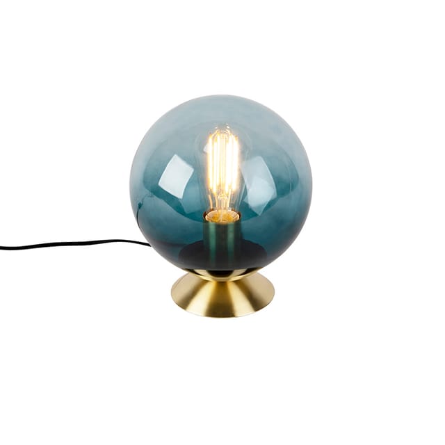 QAZQA Art Deco Tischlampe Messing mit Blauem Glas Pallon