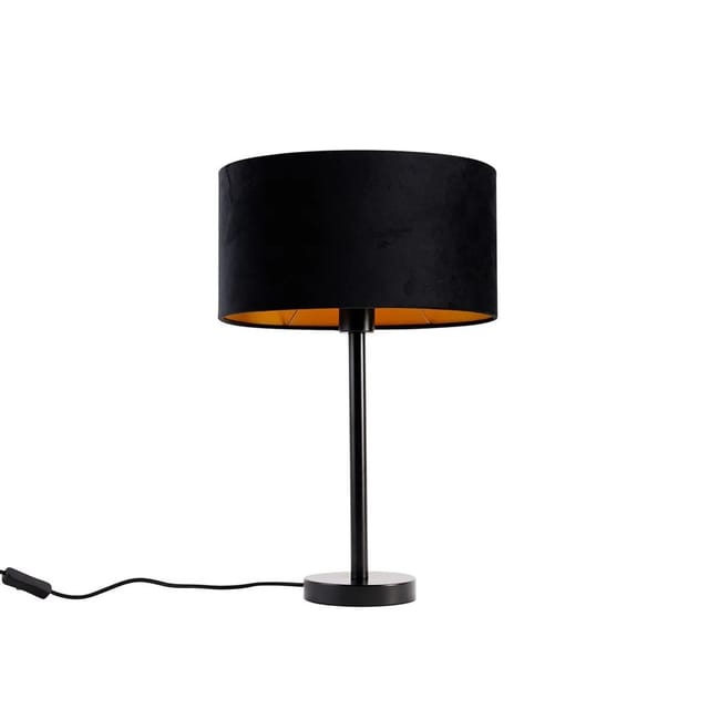 QAZQA Tischleuchte Schwarz mit Ovalem Samt Schirm Schwarz 35cm Simplo